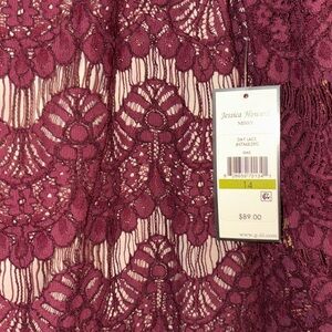 NWT Jessica Howard Dress Burgundy Lace Scalloped Overlay Lined 3/4 Sleeves S…
